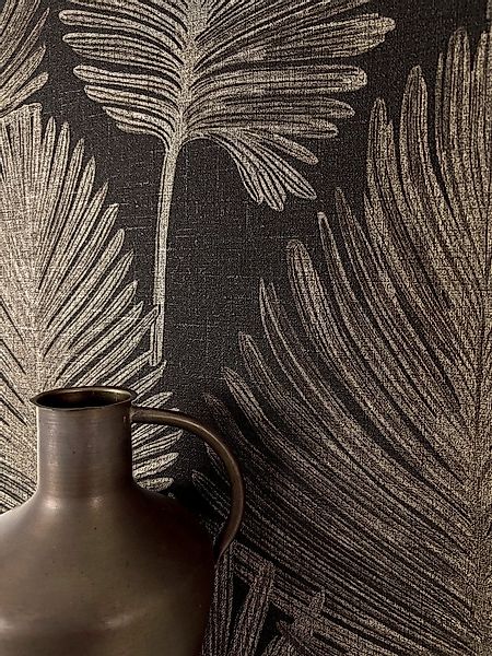 Newroom Vliestapete, Schwarz Tapete Modern Palmenblätter - Glanztapete Must günstig online kaufen