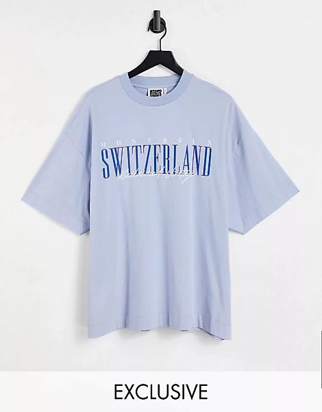 Reclaimed Vintage Inspired – T-Shirt aus Bio-Baumwolle in Blau mit „Switzer günstig online kaufen