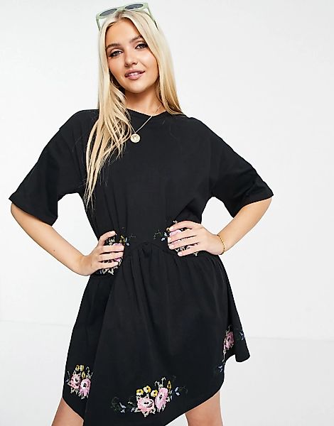 ASOS DESIGN – Mini-Hängerkleid in Schwarz mit Stickerei am Saum günstig online kaufen