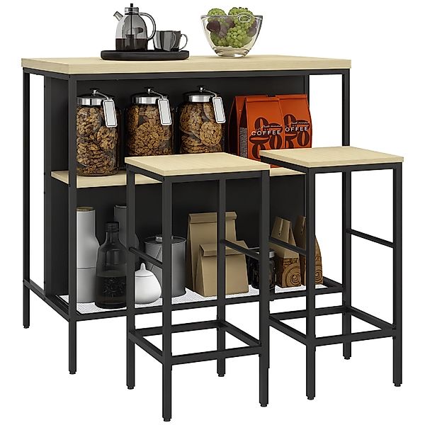 HOMCOM Bartisch mit Barhocker Set  3-tlg. im Modern-Stil Stahl Eiche günstig online kaufen