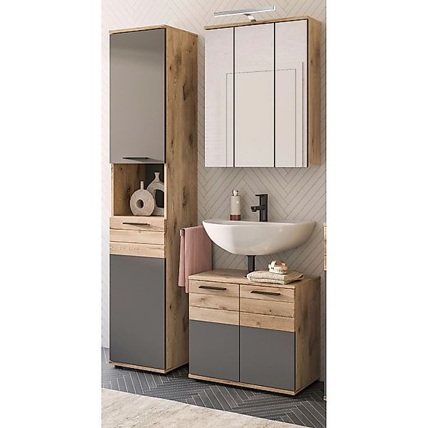Inn.Furn Badmöbel-Set Eiche Grau 3-teilig 112 cm mit Soft-Close Tomaso günstig online kaufen