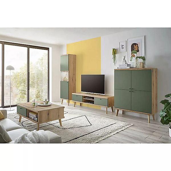 Wohnwand in Eiche mit grün AVEZZANO-61 Modern 4-teilig inkl. Couchtisch günstig online kaufen