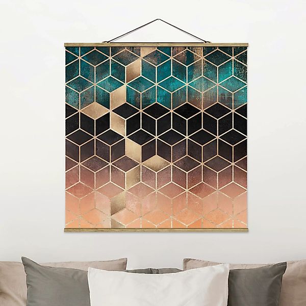 Stoffbild Abstrakt mit Posterleisten - Quadrat Türkis Rosé goldene Geometri günstig online kaufen