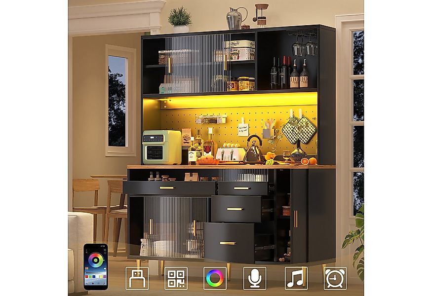 Flieks Küchenbuffet mit LED-Beleuchtung, Lochwandregalen, Glasschiebetür un günstig online kaufen