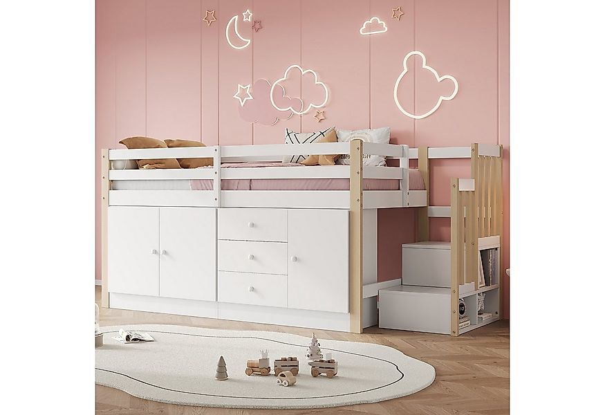 Merax Hochbett Kinderbett 90x200cm mit Stauschränken Schubladen Wäschestang günstig online kaufen