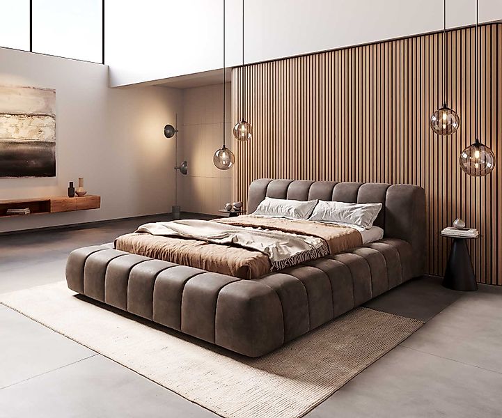Polsterbettgestell Cutio 140x200 cm Mikrofaser Taupe Vintage günstig online kaufen