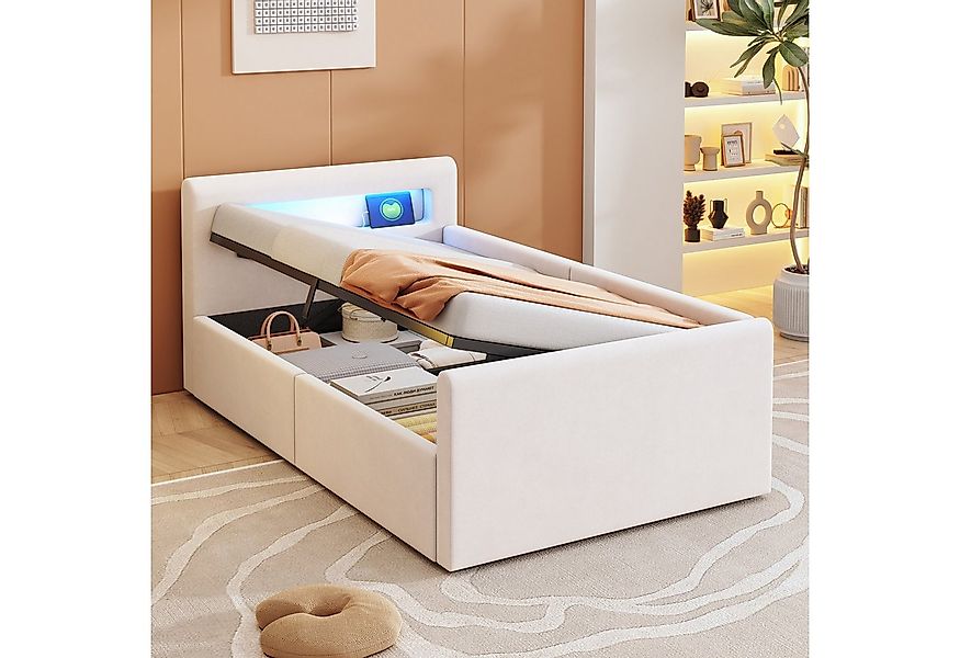 Flieks Polsterbett, Hydraulisches Stauraumbett Kinderbett 90x200cm mit Led günstig online kaufen