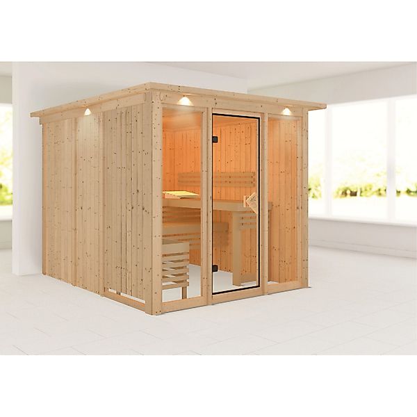 Karibu Sauna Svava Glasfront mit Kranz Natur günstig online kaufen