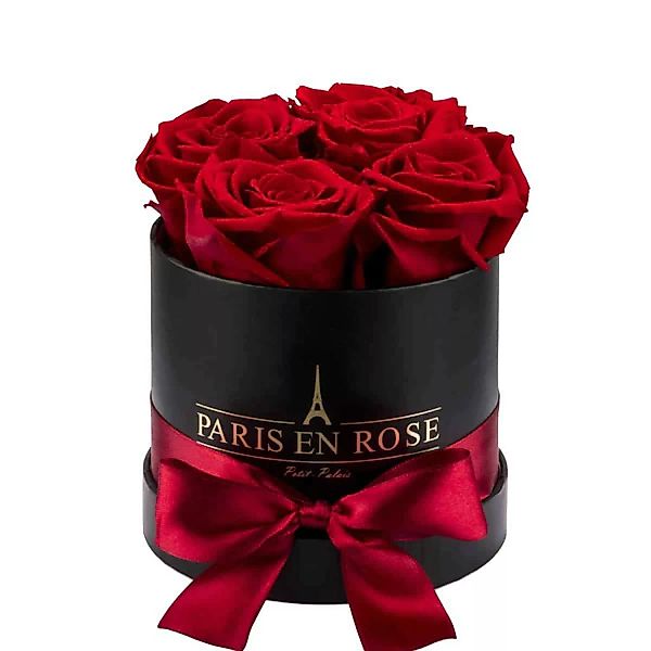 Rosenbox Ø 10 cm Schwarz mit Schleife und 4 Roten Rosen günstig online kaufen