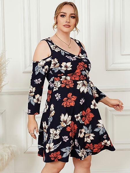YOINS Plus Größe Cold Shoulder Blumendruck 3/4 Länge Ärmel Kleid günstig online kaufen