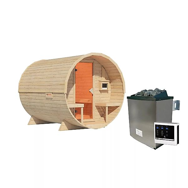 Karibu Fass-Sauna 2 Set Naturbelassen mit Ofen 9 kW ext. Steuerung günstig online kaufen