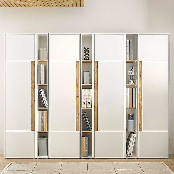 Büro Schrankwand modern in Weiß Wildeichefarben (siebenteilig) günstig online kaufen