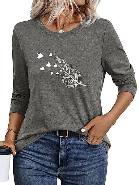PYLIKE Langarmshirt Damen Rundhalsausschnitt Longsleeve mit Feder Print-Shi günstig online kaufen