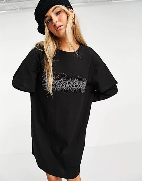 Urban Revivo – T-Shirt-Minikleid in Schwarz mit Schriftzug günstig online kaufen
