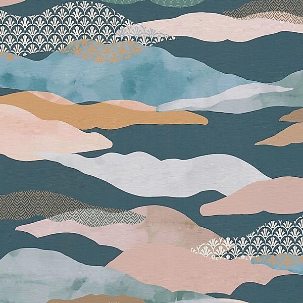 PROFHOME 396994-GU Grafik Tapete Design Matt Blau Grün Rosa Braun 0,53 m x günstig online kaufen