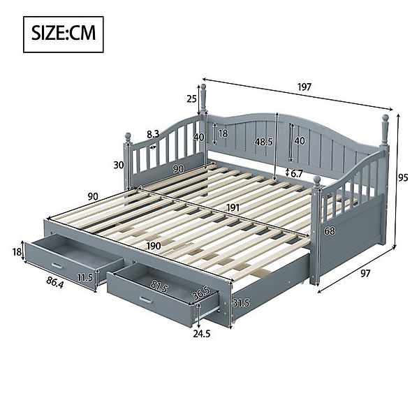 Flieks Daybett, Holzbett Kinderbett mit Ausziehbett 90/180x190cm 2 Schublad günstig online kaufen