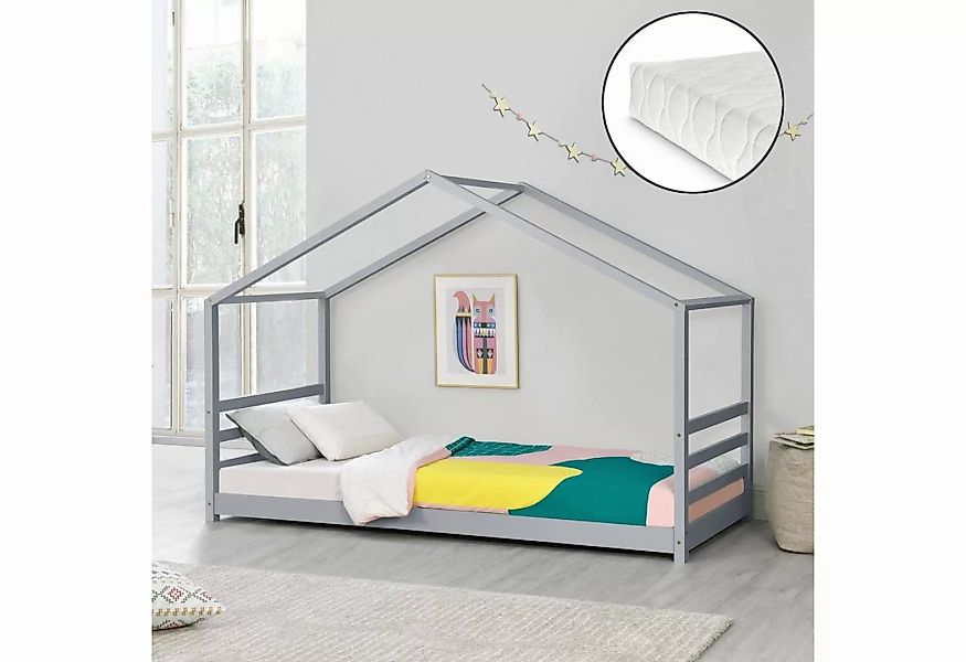 en.casa Kinderbett, Vardø Hausbett mit Matratze 90x200cm Grau günstig online kaufen