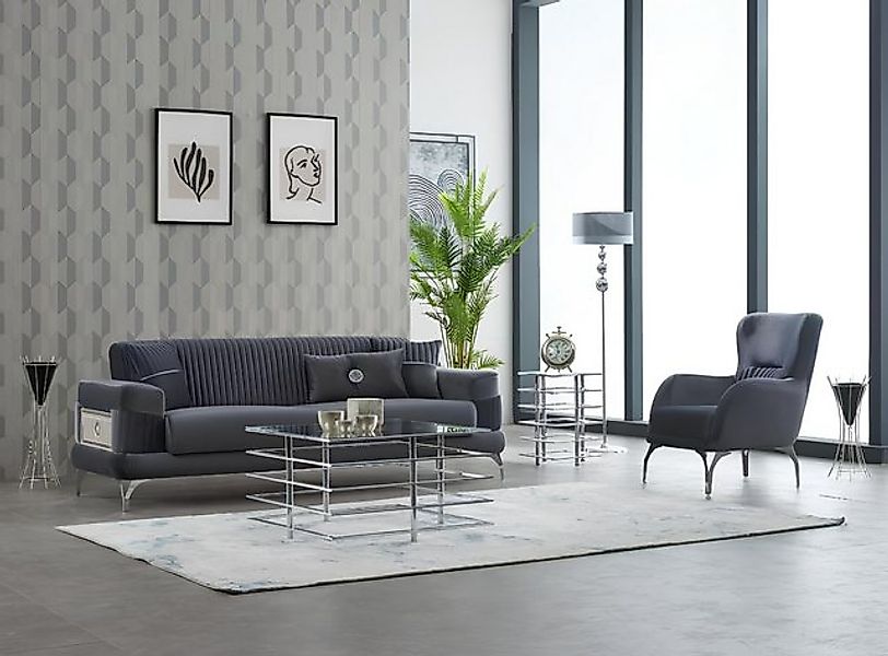 JVmoebel Sofa Couchgarnitur Polstersofa Dreisitzer Stoff Grau Set 2tlg Couc günstig online kaufen