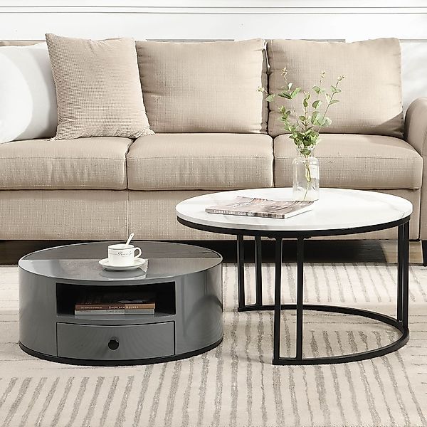 2er-Set Couchtisch, Zweifarbige Tischplatte mit Stauraum, 70X70X40 cm, Grau günstig online kaufen