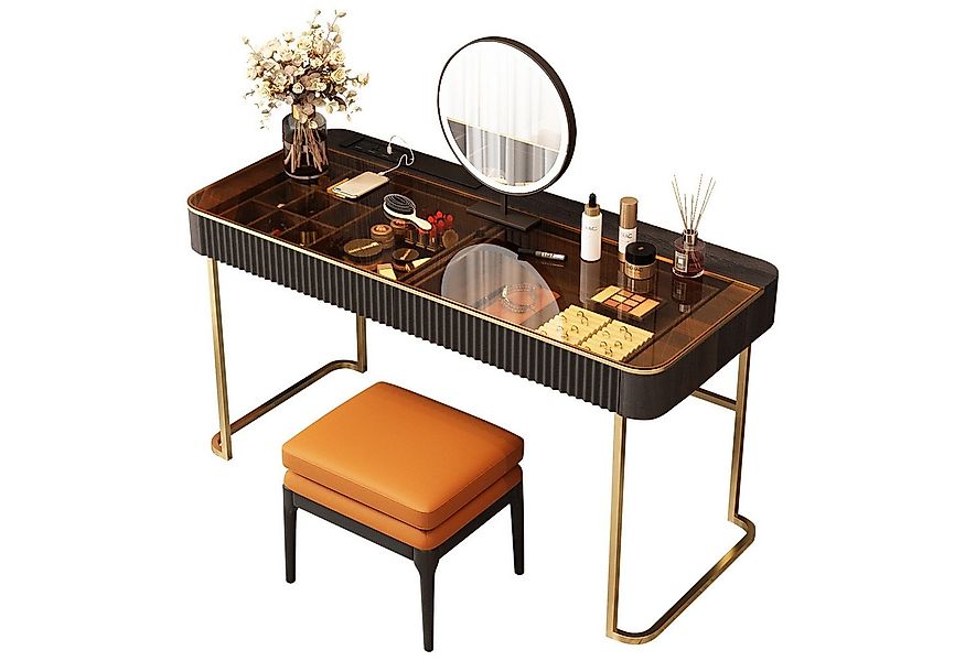 Graceabode Schminktisch mit 2 Schubladen, Glasplatte und Smart-Steckdose, 1 günstig online kaufen
