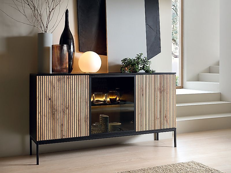 Sideboard - 3 Türen - mit LED-Beleuchtung - MDF & Rauchglas - Schwarz & Hol günstig online kaufen