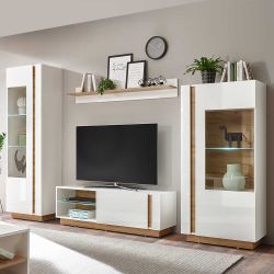 Skandi Design Wohnwand in Weiß und Wildeiche Optik 270 cm breit (vierteilig günstig online kaufen