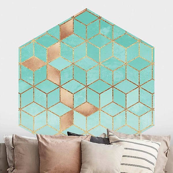 Hexagon Mustertapete selbstklebend Türkis Weiß goldene Geometrie günstig online kaufen