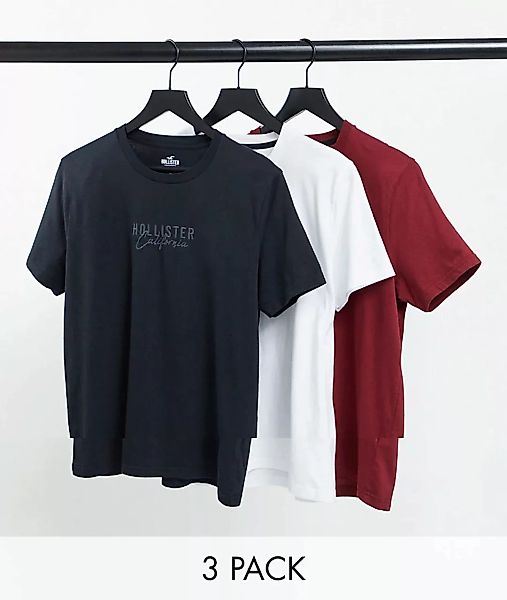 Hollister – 3er-Set T-Shirts in Weiß/Rot/Schwarz mit mittigem Logo-Mehrfarb günstig online kaufen