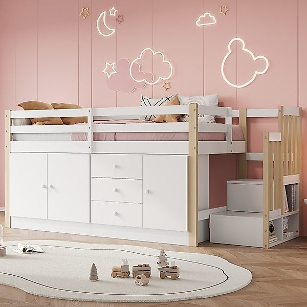 Merax Hochbett Kinderbett 90x200cm mit Stauschränken günstig online kaufen