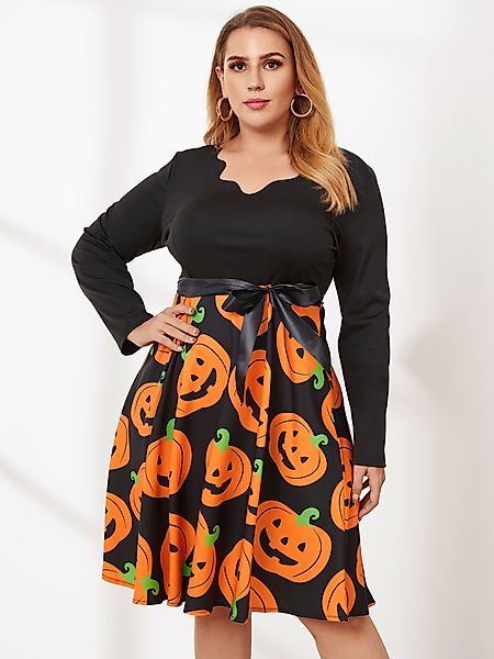 Plus Size Halloween Gürtel Design mit langen Ärmeln Kleid günstig online kaufen