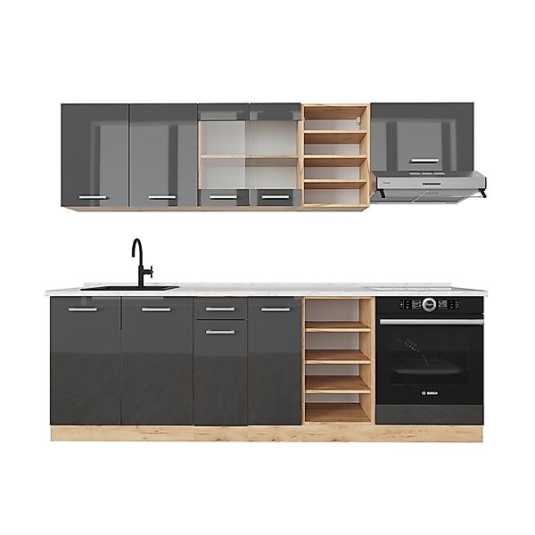 Vicco R-Line Küchenzeile Anthrazit Hochglanz/Goldkraft Eiche 240 cm AP Marm günstig online kaufen
