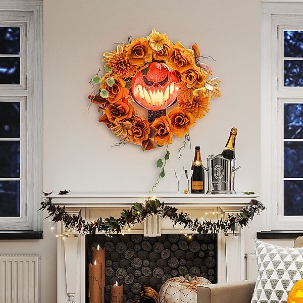 Outsunny Dekofigur Grusel-Kürbis-Design, Lichteffekte (Halloween-Kranz, 1 günstig online kaufen