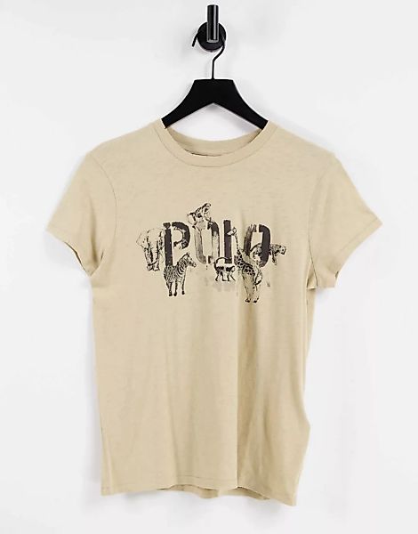 Polo Ralph Lauren – T-Shirt mit Tierlogo auf der Vorderseite in Ecru-Neutra günstig online kaufen
