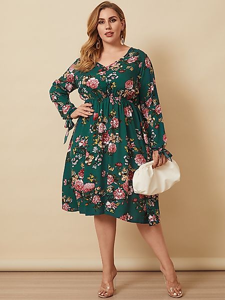 Plus Size V-Ausschnitt Blumendruck Knopfdesign Lange Ärmel Kleid günstig online kaufen