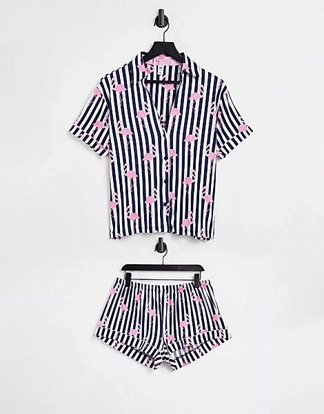 Chelsea Peers – Pyjama-Set bestehend aus Hemd und Shorts in Schwarz und wei günstig online kaufen