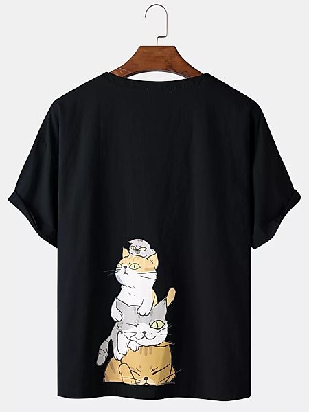 Herren Cartoon Katze Drucken Einfarbige atmungsaktive lose T-Shirts mit run günstig online kaufen