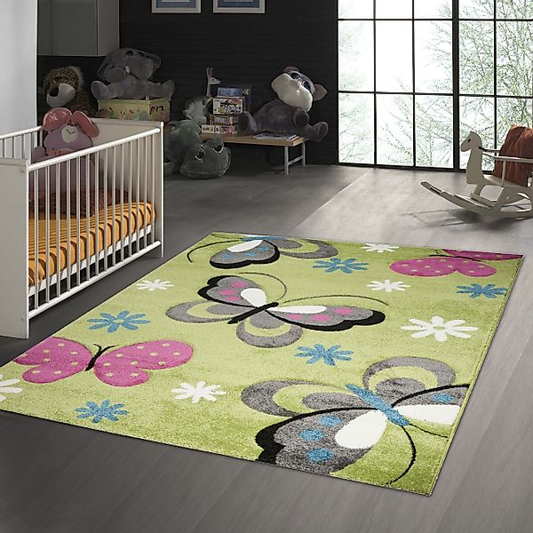 TeppichHome24 Kinderteppich Kinderteppich Schmetterling Design Grün günstig online kaufen