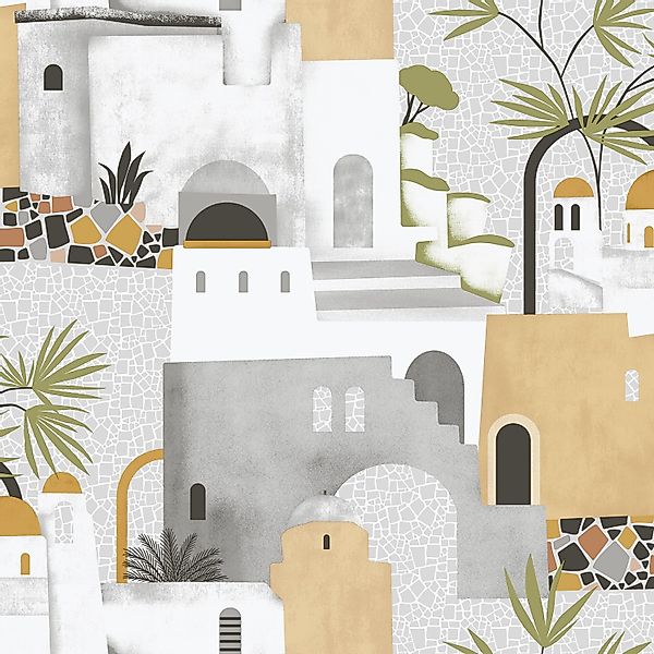 Sanders & Sanders Tapete Mediterrane Häuser Ockergelb Grau Und Weiß 53 Cm X günstig online kaufen