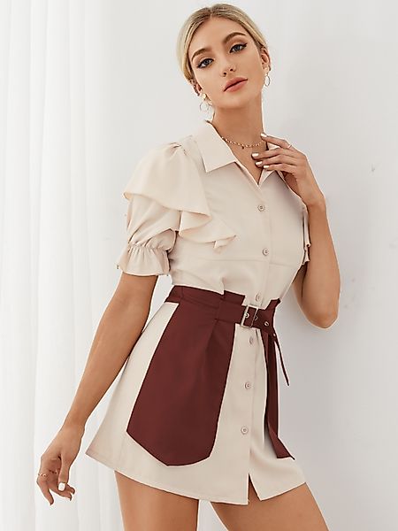 YOINS Khaki Patchwork Button Vordere Rüschenärmel Mini Kleid günstig online kaufen