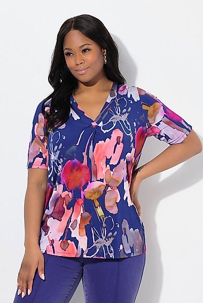 Ulla Popken T-Shirt Slinkyshirt Blüten V-Ausschnitt Zierfalte Halbarm günstig online kaufen