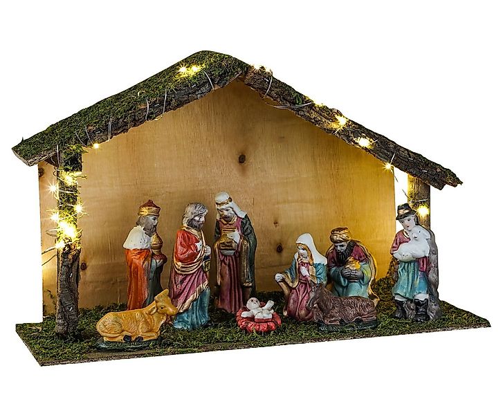Dekoleidenschaft Krippe aus Holz, LED Weihnachtskrippe, Holzkrippe mit Moos günstig online kaufen