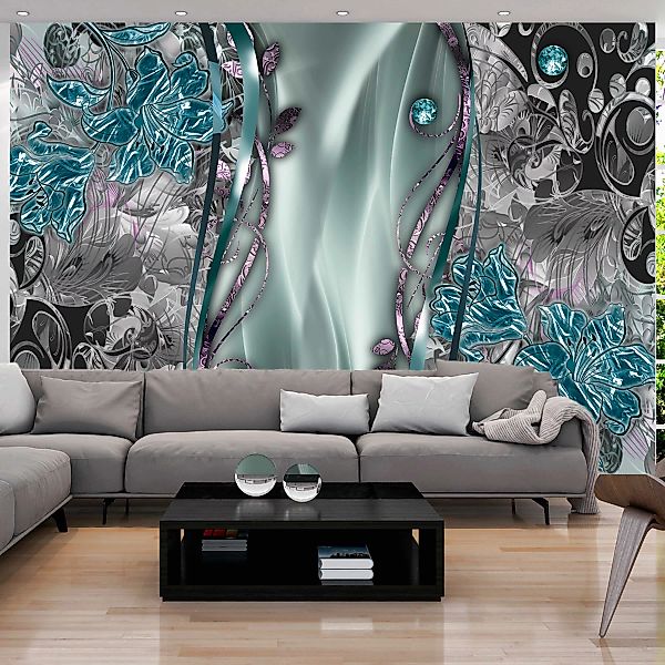 Selbstklebende Fototapete - Floral Curtain (Turquoise) günstig online kaufen
