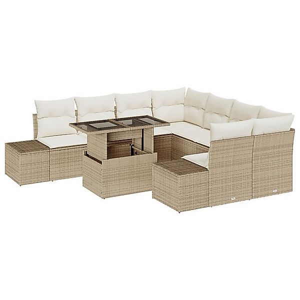 vidaXL Loungesofa 9-tlg. Garten-Sofagarnitur mit Kissen Beige Poly Rattan, günstig online kaufen