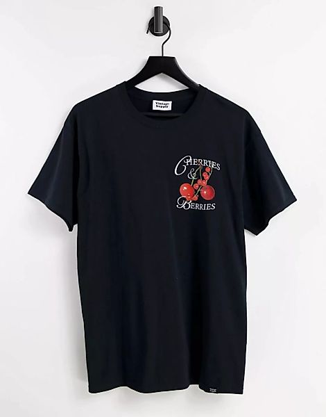 Vintage Supply ‑ T-Shirt in Schwarz mit Kirsch- und Beeren-Print günstig online kaufen