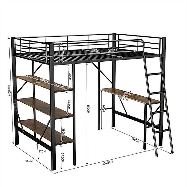 Fanttik Hochbett 90x200 cm Bettgestell Metallbett mit Schreibtisch und Abla günstig online kaufen