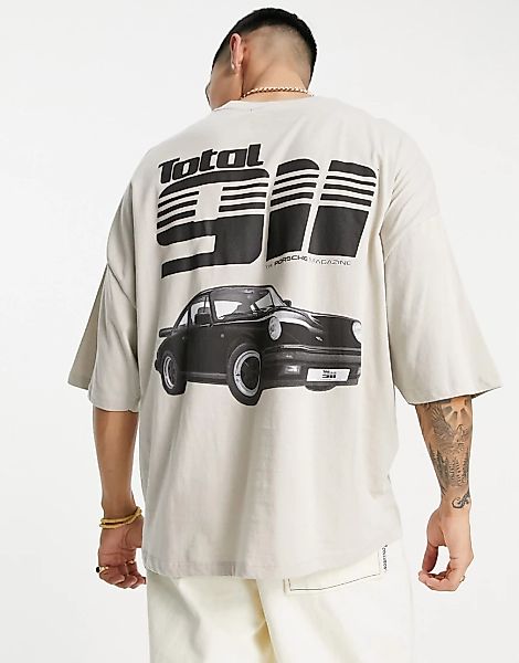ASOS DESIGN – Oversize-T-Shirt in Stein mit „Porsche“- und „911“-Print-Neut günstig online kaufen