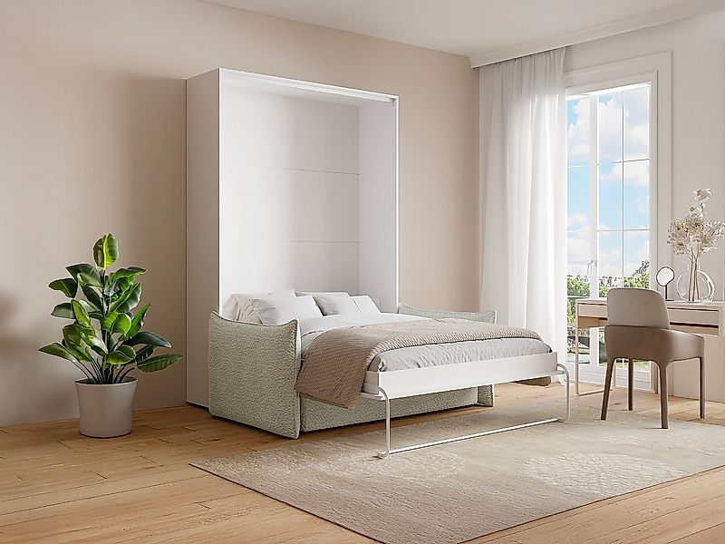 Schrankbett 140 x 200 cm - Manuelle vertikale Öffnung - Weiß + Sofa - BEGAN günstig online kaufen