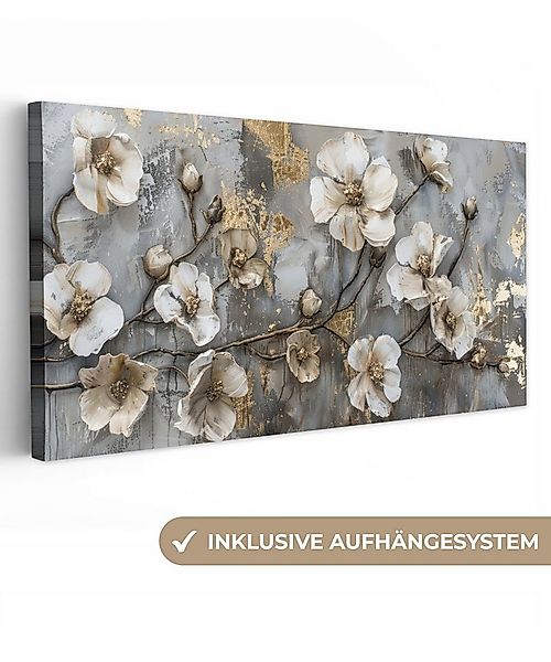 OneMillionCanvasses® Leinwandbild Panorama Blumen - Weiß - Grau - Gold - Lu günstig online kaufen