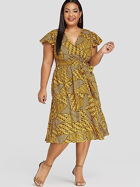 YOINS Plus Größe Gelber Rüschenbesatz Polka Dot V-Ausschnitt Kleid günstig online kaufen