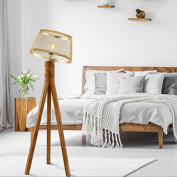 Stehleuchte Frederik in Messing-matt und Natur-dunkel E27 günstig online kaufen